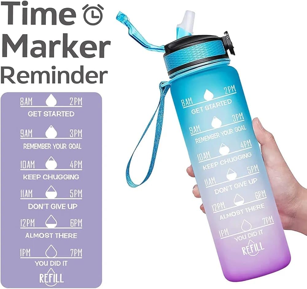 Silicone Water Bottle, 1 Litre Motivational Time Marker, Leak Proof Durable BPA-Free Non=Toxic Water Bottle